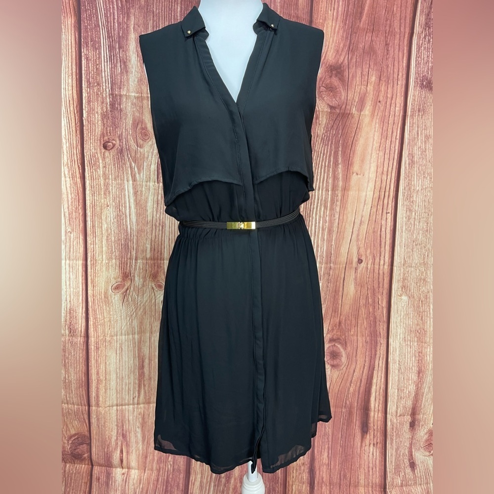 H&M black layered chiffon belted sleeveless elastic waist mini dress women’s 6